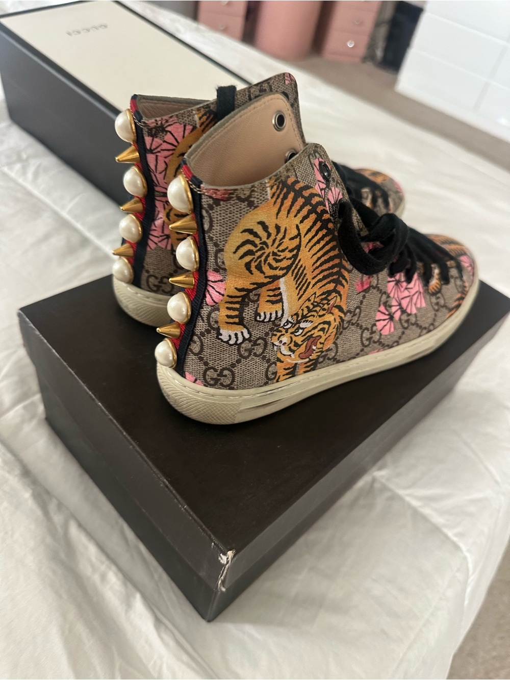 Gucci Kids Brown Tiger Print High-Top Sneakers with Pearl Studs